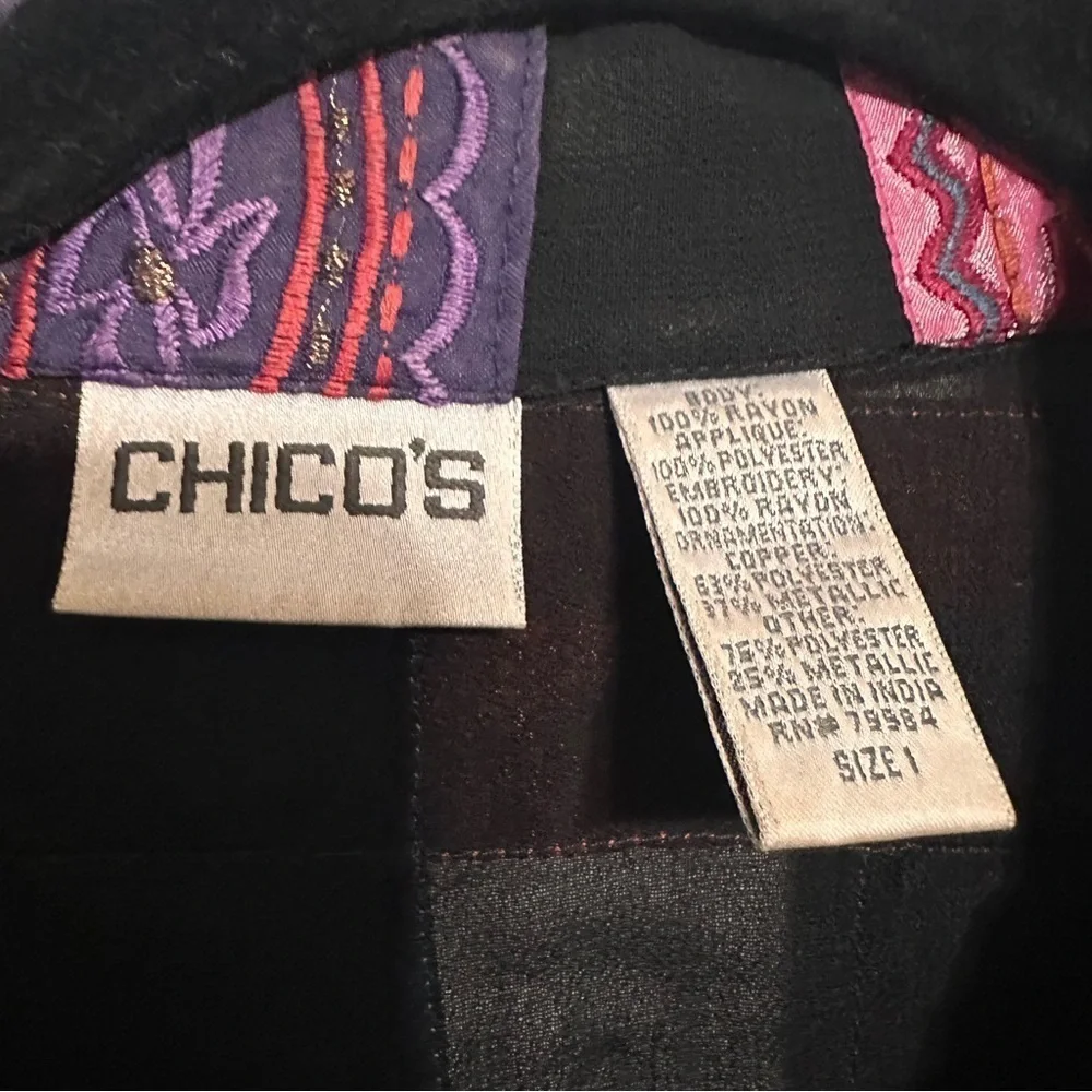 Chicos Boho Patchwork Appliqué Colorful Rayon Button Down Jacket Top Medium